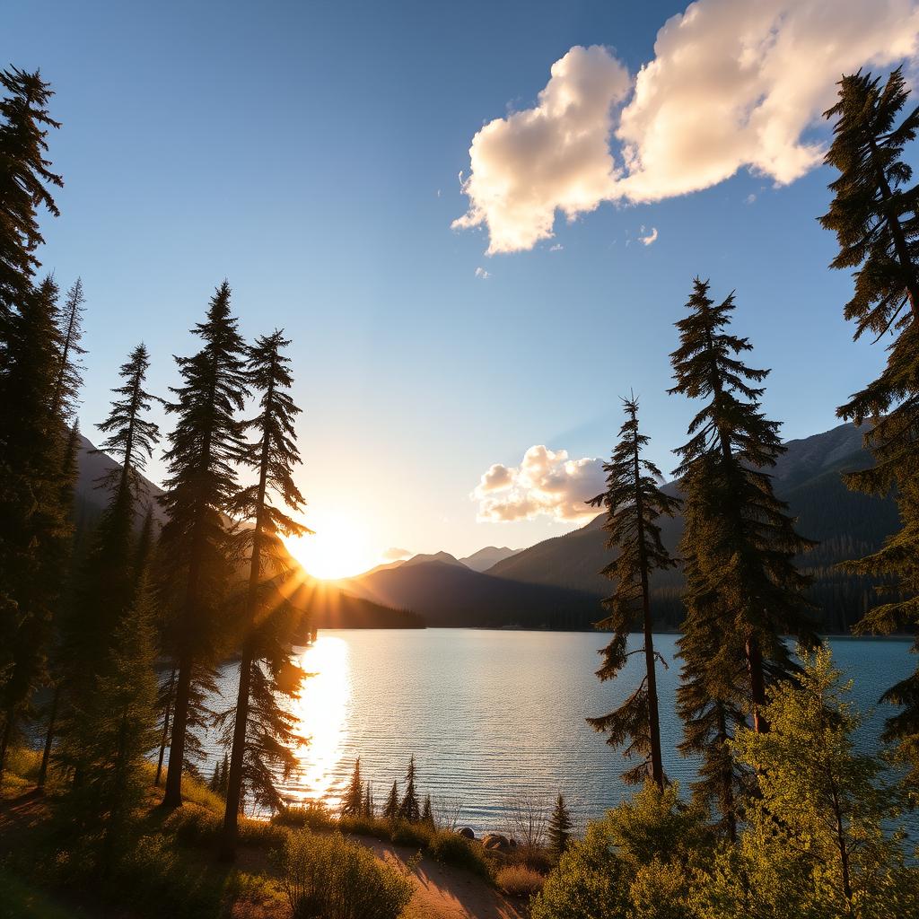 A beautiful landscape featuring a serene lake surrounded by tall, lush trees and mountains in the background