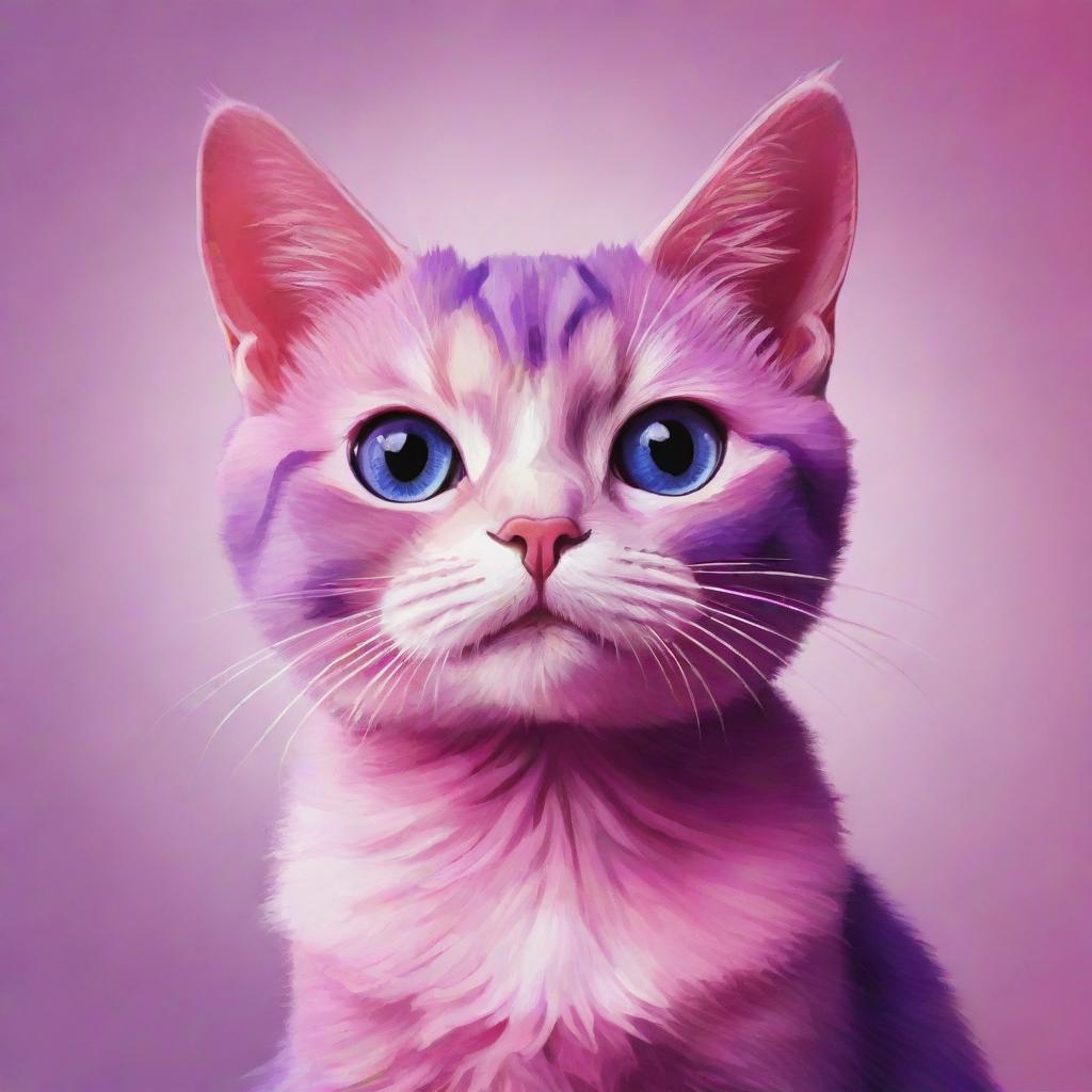 A vibrant cartoon cat for a profile picture, painted in bright shades of pink and purple.