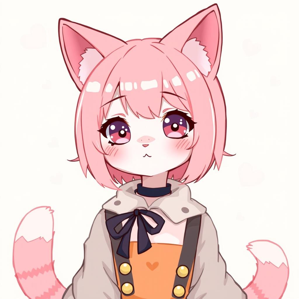 A cute femboy neko with pink hair and small boobs, looking 18 years old with a mature but still charming expression