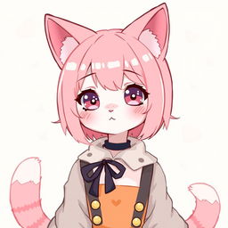 A cute femboy neko with pink hair and small boobs, looking 18 years old with a mature but still charming expression