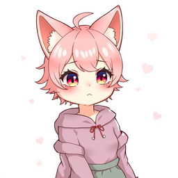 A cute femboy neko with pink hair and small boobs, looking 18 years old with a mature but still charming expression