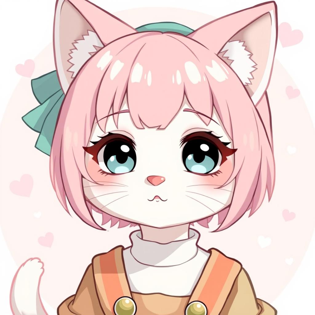 A cute femboy neko with pink hair and small boobs, looking 18 years old with a mature but still charming expression