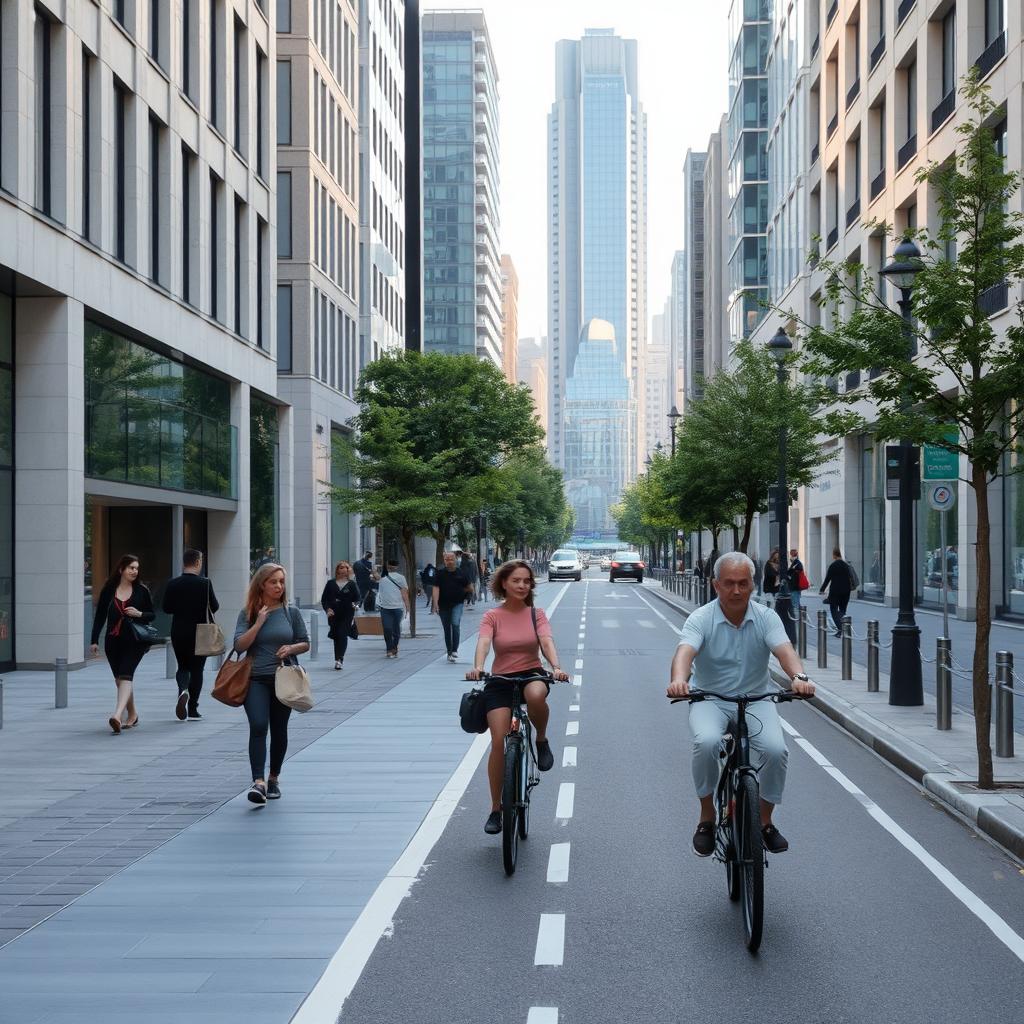 A serene city street featuring pedestrians and cyclists