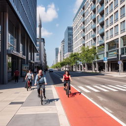 A serene city street featuring pedestrians and cyclists