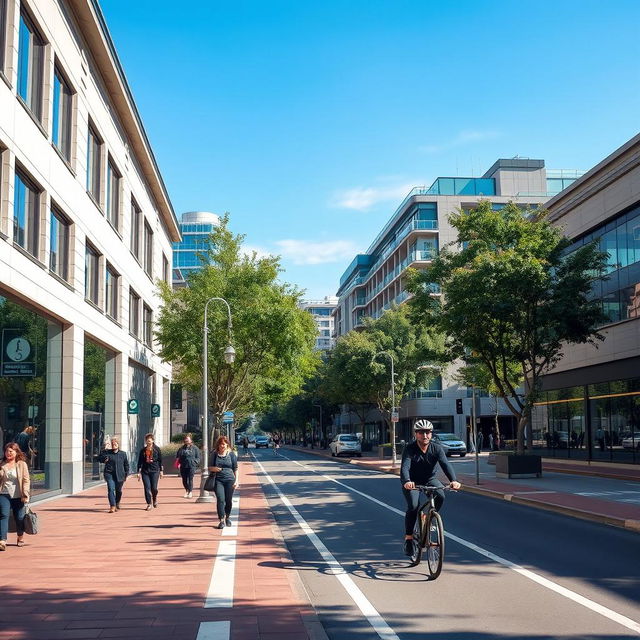 A serene city street featuring pedestrians and cyclists