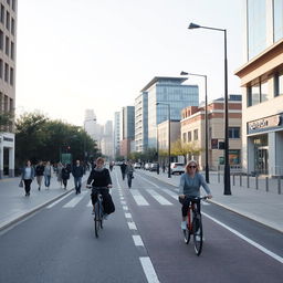 A serene city street featuring pedestrians and cyclists