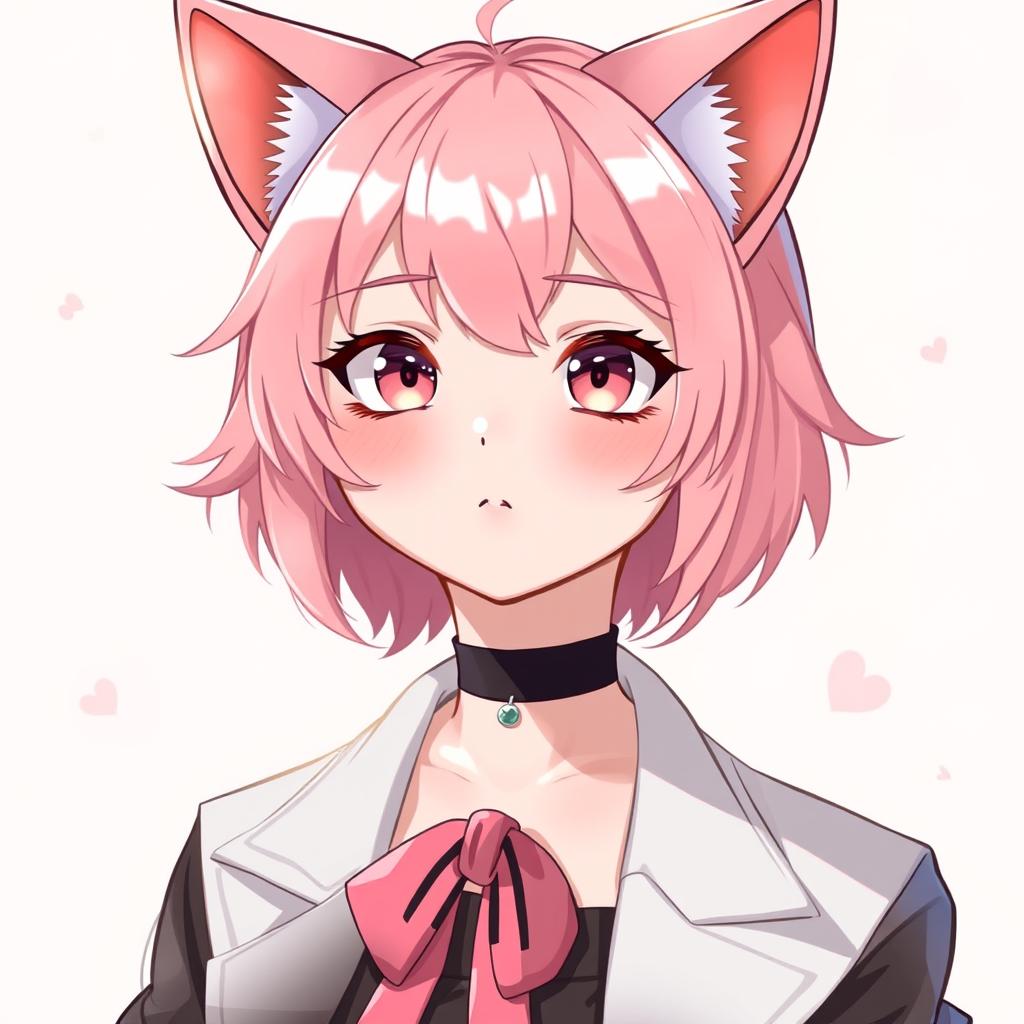 A femboy neko with pink hair and small boobs, looking 18 years old with a mature yet charming expression