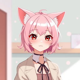 A femboy neko with pink hair and small boobs, looking 18 years old with a mature yet charming expression