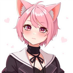 A femboy neko with pink hair and small boobs, looking 18 years old with a mature yet charming expression