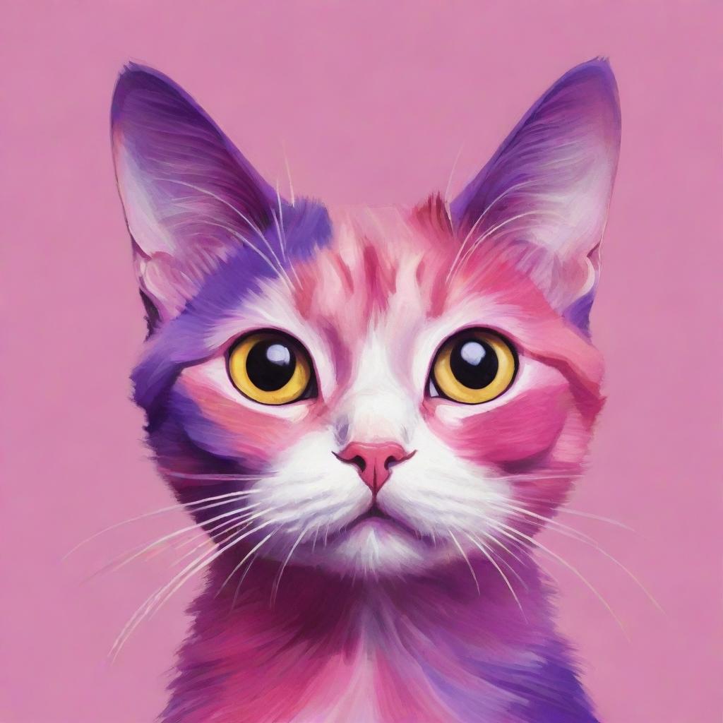 A vibrant cartoon cat for a profile picture, painted in bright shades of pink and purple.