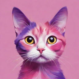 A vibrant cartoon cat for a profile picture, painted in bright shades of pink and purple.