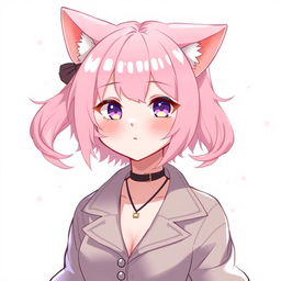 A femboy neko with pink hair and small boobs, looking 18 years old with a mature yet charming expression