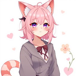 A full-height femboy neko with pink hair and small boobs, looking 18 years old with a mature yet charming expression