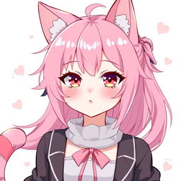 A full-height femboy neko with pink hair and small boobs, looking 18 years old with a mature yet charming expression