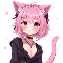 A full-height femboy neko with pink hair and small boobs, looking 18 years old with a mature yet charming expression