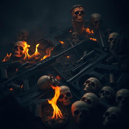 A dark background with fire, firearms, and skulls