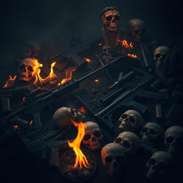 A dark background with fire, firearms, and skulls