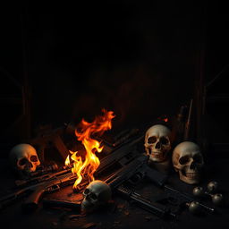 A dark background with fire, firearms, and skulls