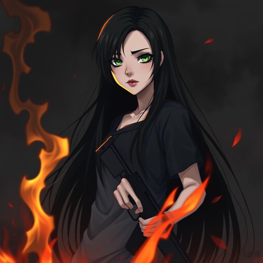 A dark background with fire and a tall white girl with long black hair, green eyes, red lips, and holding a firearm in her hand