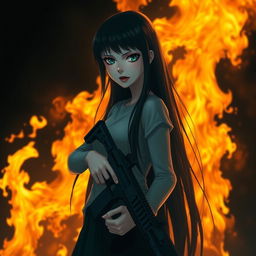 A dark background with fire and a tall white girl with long black hair, green eyes, red lips, and holding a firearm in her hand