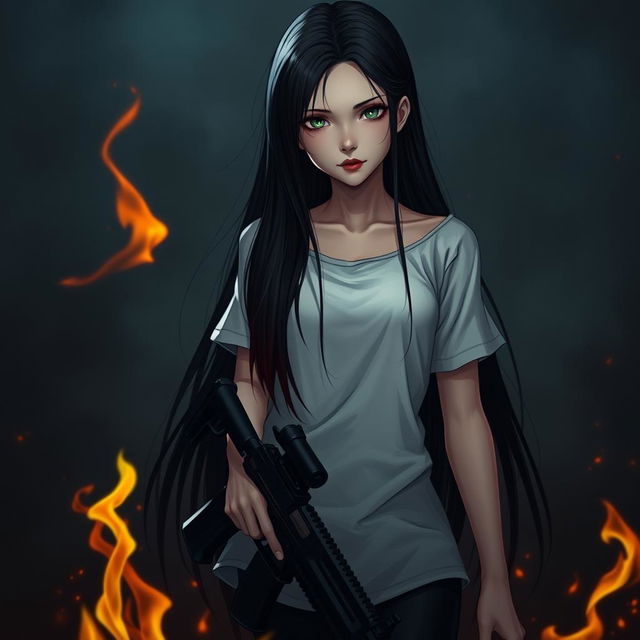 A dark background with fire and a tall white girl with long black hair, green eyes, red lips, and holding a firearm in her hand