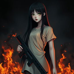 A dark background with fire and a tall white girl with long black hair, green eyes, red lips, and holding a firearm in her hand