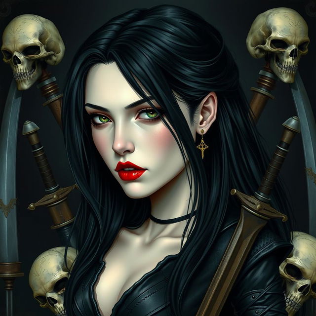 A realistic depiction of a pale-skinned woman with long black hair, green eyes, and red lips