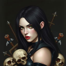 A realistic depiction of a pale-skinned woman with long black hair, green eyes, and red lips