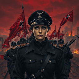 A dark realism style image of a young female military officer dressed entirely in black, highlighting her cold gaze and determination