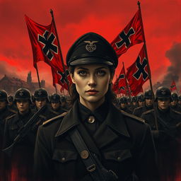 A dark realism style image of a young female military officer dressed entirely in black, highlighting her cold gaze and determination