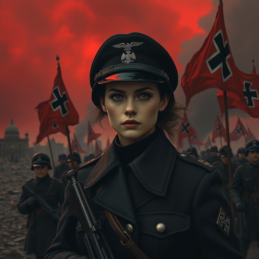 A dark realism style image of a young female military officer dressed entirely in black, highlighting her cold gaze and determination