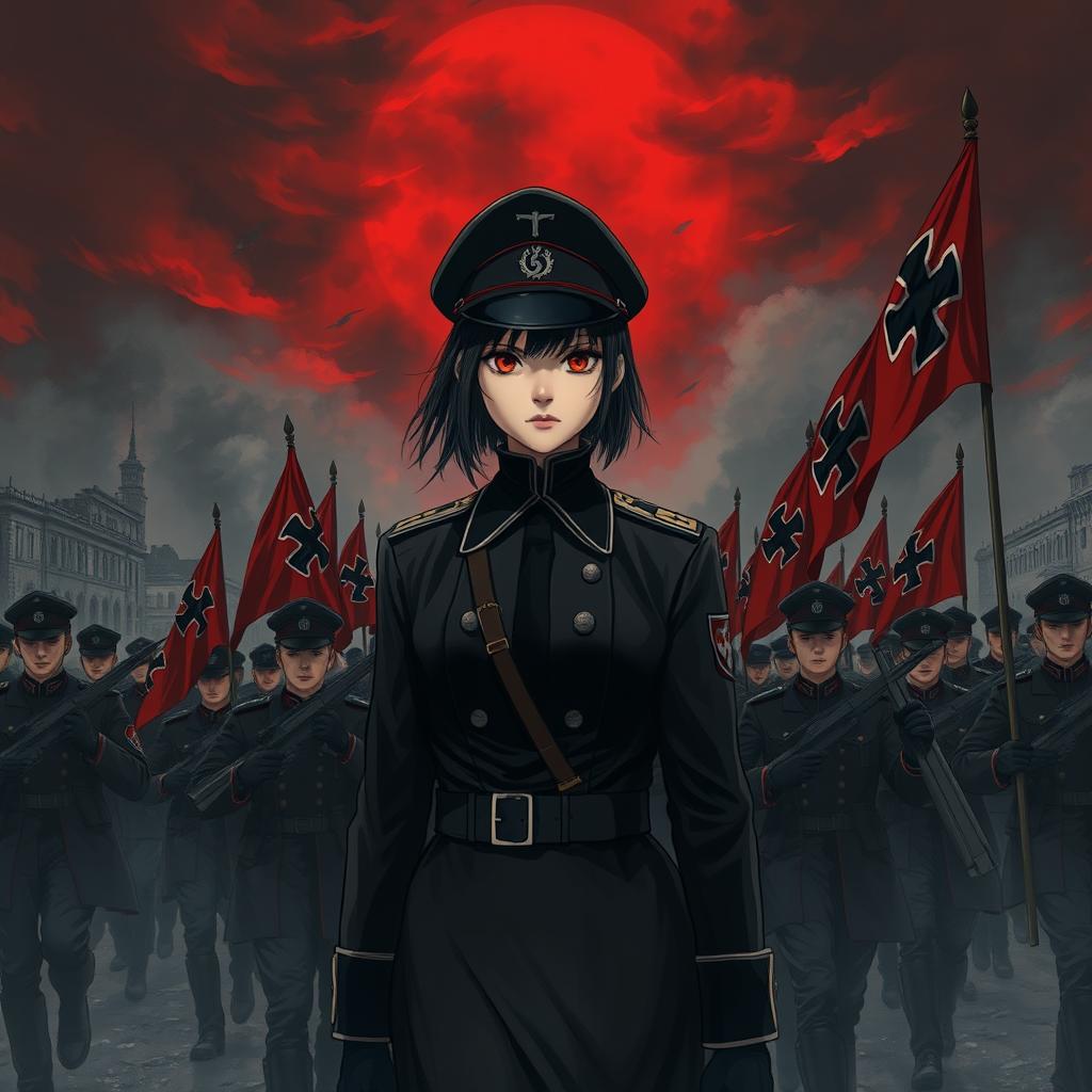 A dark realism and anime-style image of a young female military officer dressed entirely in black, with a cold and determined gaze