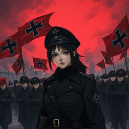 A dark realism and anime-style image of a young female military officer dressed entirely in black, with a cold and determined gaze