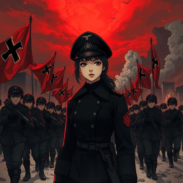 A dark realism and anime-style image of a young female military officer dressed entirely in black, with a cold and determined gaze