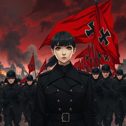 A dark realism and anime-style image of a young female military officer dressed entirely in black, with a cold and determined gaze