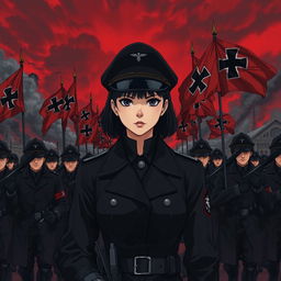 A dark realism and anime-style image of a young female military officer dressed entirely in black, with a cold, serious, and determined gaze