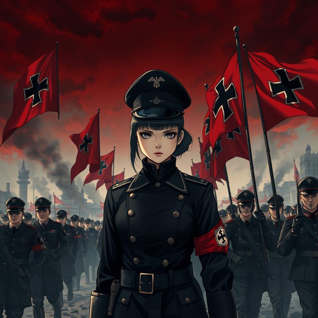 A dark realism and anime-style image of a young female military officer dressed entirely in black, with a cold, serious, and determined gaze