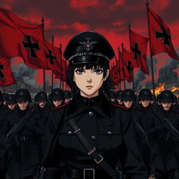 A dark realism and anime-style image of a young female military officer dressed entirely in black, with a cold, serious, and determined gaze