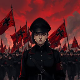 A dark realism and anime-style image of a young female military officer dressed entirely in black, with a cold, serious, and determined gaze