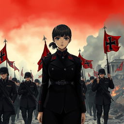 A dark realism and anime-style image of a young female military officer dressed entirely in black, with a cold, serious, dark, and determined gaze