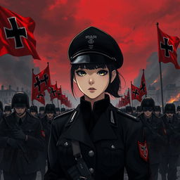 A dark realism and anime-style image of a young female military officer dressed entirely in black, with a cold, serious, dark, and determined gaze