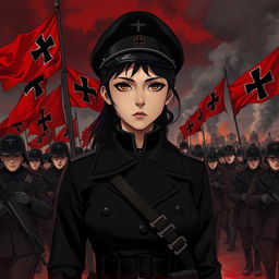 A dark realism and anime-style image of a young female military officer dressed entirely in black, with a cold, serious, dark, and determined gaze