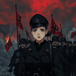 A dark realism and anime-style image of a young female military officer dressed entirely in black, with a cold, serious, dark, and determined gaze