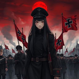 A dark realism and anime-style image of a young female military officer with long hair, dressed entirely in black, with a cold, serious, and dark gaze