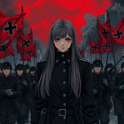 A dark realism and anime-style image of a young female military officer with long hair, dressed entirely in black, with a cold, serious, and dark gaze