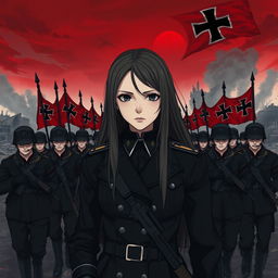 A dark realism and anime-style image of a young female military officer with long hair, dressed entirely in black, with a cold, serious, and dark gaze