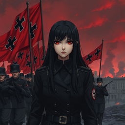 A dark realism and anime-style image of a young female military officer with long black hair, dressed entirely in black, and very dark red eyes, with a cold, serious, and dark gaze