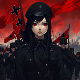 A dark realism and anime-style image of a young female military officer with long black hair, dressed entirely in black, and very dark red eyes, with a cold, serious, and dark gaze