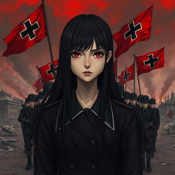 A dark realism and anime-style image of a young female military officer with long black hair, dressed entirely in black, and very dark red eyes, with a cold, serious, and dark gaze