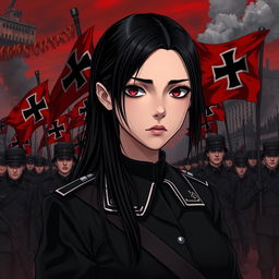 A dark realism and anime-style image of a young female military officer with long black hair, dressed entirely in black, and very dark red eyes, with a cold, serious, and dark gaze